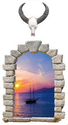 SmartWindow 60 cm 3D Landscape Fake Window Sea Boat Sunset PVC Vinyl Wall Sticker (60CM x 90CM) Self Adhesive Sticker(Pack of 1)