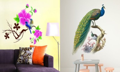 Merical 90 cm Ghar Kraft Set Of 2 Wall Sticker Blue Bird And Nature Peacock Wall Sticker Self Adhesive Sticker(Pack of 2)