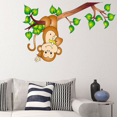 walkart 1 cm naughty monkey with eating banana in a branch Removable Sticker(Pack of 1)