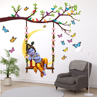 Decor Villa 82 cm Kanha ji On swing of Branch With Birds And Butterflies for Temple puja room Self Adhesive Sticker(Pack of 1)