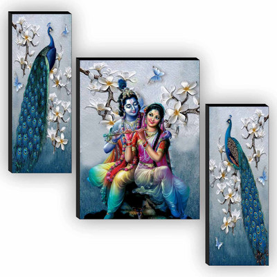 saf 3 cm Peacock And Radha Krishna UV textured self adeshive MDF painting sticker Double-sided Sticker(Pack of 3)