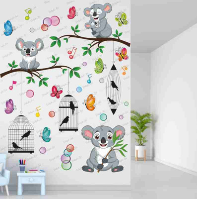 Dilight Art 120 cm Size, Tree with Koala and Cages With Butterfly Design Self Adhesive Sticker(Pack of 1)