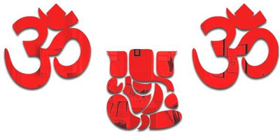 wall1ders 15 cm Small Ganehsa with 2 Om Red Pooja Room & Festivals Decoration Self Adhesive Sticker(Pack of 1)