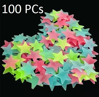 Newvent 3 cm Glowing Star Wall Sticker Multicolour Star Kids Room Wall Decoration Stickers Glow in the Dark Sticker(Pack of 100)