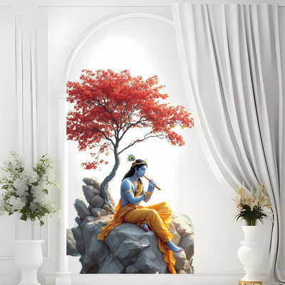 WallBiirds 24 inch Adorable Tree With Krishna Wall Stickers for Home Self Adhesive Sticker(Pack of 1)