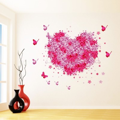 GraphicsDecor 55 cm Love Heart and Butterfly Wall Sticker (68*55 cm) Self Adhesive Sticker(Pack of 1)