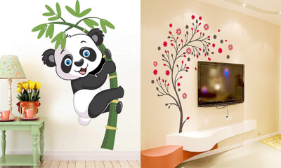 Walltech 90 cm Baby Panda and Magical tree Self Adhesive Sticker(Pack of 2)