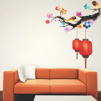 DKdecor 51 cm Beautiful Tree With Lamp and Birds Design Wall Sticker Size Self Adhesive Sticker(Pack of 1)