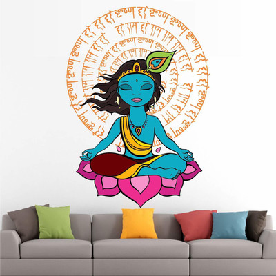 Inkfence 63 cm 'Hindu - God - Lord Krishna Meditating On a Lotus Wall Sticker' Self Adhesive Sticker(Pack of 1)