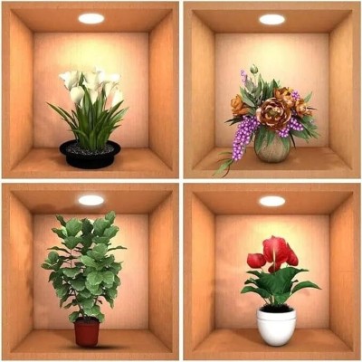 HRK Enterprise 30 cm 3D Vase Wall Stickers Flower Pot Wall Stickers Self Adhesive Sticker(Pack of 4)