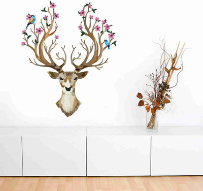 Stickerberry 50 cm Deer With Flower Wall Sticker For Home Decor 50 CM X 50 cm Self Adhesive Sticker(Pack of 1)