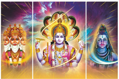 komstec 18 inch Divine Brahma Vishnu Mahesh 3 Panel Religious Wall Art For Positive Self Adhesive Sticker(Pack of 1)