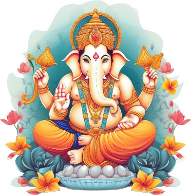CreativeEdge 61 cm Wall Sticker 3D Lord Ganesha Sitting with Flowers Self Adhesive Sticker(Pack of 1)
