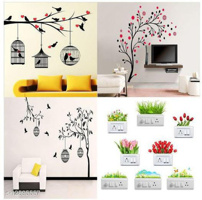 EJAart 317.5 cm Combo of 4 Wall Sticker Love Birds With Hearts-(125 X 85 Cms) | Magical Tree-(150 X 150 Cms) | Free Bird Case Black-(150 X 115 Cms) | Sb Flowers-(35 X11 Cms) - Matrial Vinyl Self Adhesive Sticker(Pack of 4)