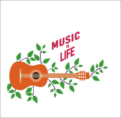 Vijaya enterprises 12 inch Music Is Life Guitar Leaves Orange Color Wall Sticker|For Home Size 17x12 inch Self Adhesive Sticker(Pack of 1)