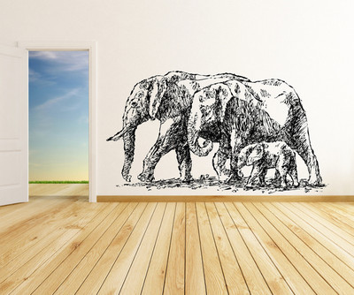 Wallme 110 cm Elephant Family | Non-Reusable Stickers Self Adhesive Sticker(Pack of 1)