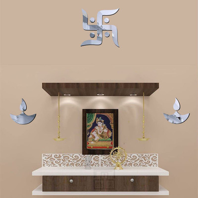 Asmi Collections 15 cm Beautiful Swastik and 2 Diyas Self Adhesive 3D Acrylic Mirror Self Adhesive Sticker(Pack of 3)