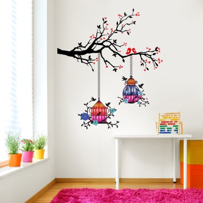 DivineDesigns 61 cm Tree Branches with Birdcage and Flower Wall Sticker Self Adhesive Sticker(Pack of 1)