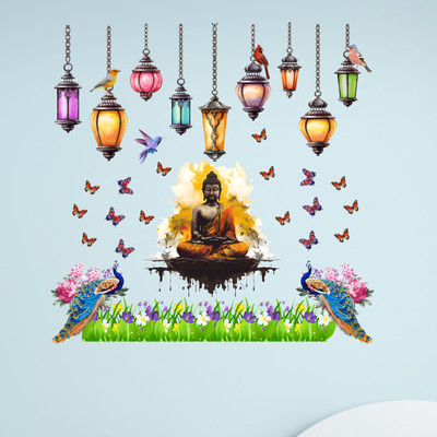 Riditcreation 80 cm Lord Buddha And Lamps With peacock Self Adhesive Sticker(Pack of 1)