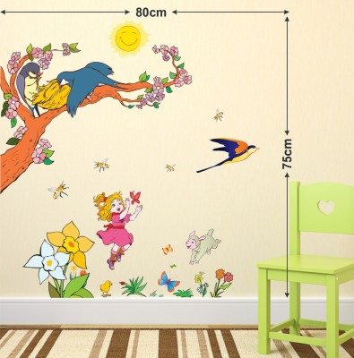 LANSTICK 45 cm Tree with birds and girl wallsticker Self Adhesive Sticker(Pack of 1)