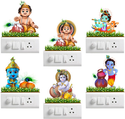 Art Kafe 13 cm Shree Krishna & Butterflies Switchboard Sticker Self Adhesive Sticker(Pack of 6)