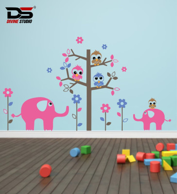 wildartcreation 45 cm owl family sitting on a branch header or banner Wall Sticker Size :- 65X45 cm Self Adhesive Sticker(Pack of 1)