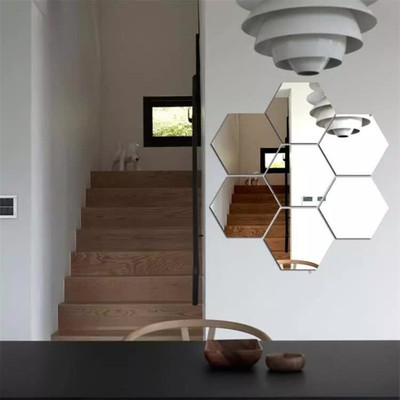 DecorGuruji 12.1 cm Acrylic Mirror Wall Sticker B-7HexaSilver Hexagon Wall Decor Mirror Self Adhesive Sticker(Pack of 7)
