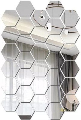 Chote Mote Seller 12 cm 32 Hexagon with butterfly Silver mirror sticker for wall Self Adhesive Sticker(Pack of 52)