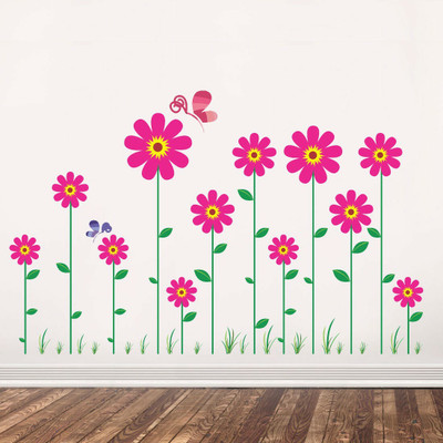 walkart 2.54 cm pink art flower with butterfly Removable Sticker(Pack of 1)
