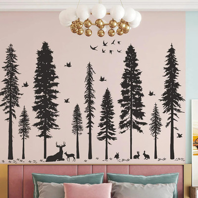 Xskin 75 cm Pine Tree Bird Deer Self Adhesive Sticker(Pack of 1)