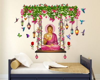 DivineDesigns 31 cm Pink Buddha Leaves, Flowers & Butterflies Wall Sticker Self Adhesive Sticker(Pack of 1)