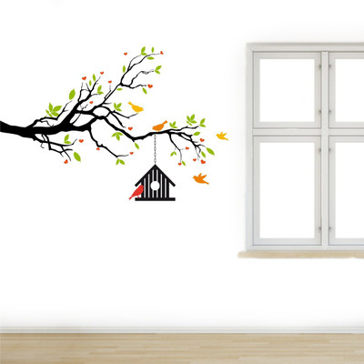 rawpockets 65 cm Heart-in Flower Tree with Bird Cage Self Adhesive Sticker(Pack of 1)
