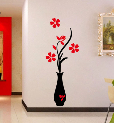 DreamKraft 107 cm Flower Pots' Wall Sticker (Black & Red) Self Adhesive Sticker(Pack of 1)