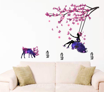 Inkfence 110 cm ' Angel on Swing with Little Deer and Butterfly' Wall Stickers (Multicolour) Self Adhesive Sticker(Pack of 1)