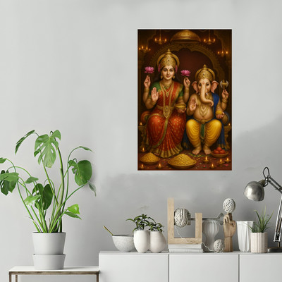 voorkoms 18 inch Ganesh & Lakshmi Sticker For Home, Office & Other Places Wall Poster 12x18 Inch Self Adhesive Sticker(Pack of 1)