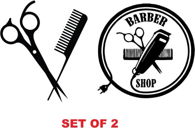 stylishdecor 60 cm COMB AND SESIOURE OR CIRCLE BARBER SALON WALL STICKER Self Adhesive Sticker(Pack of 2)