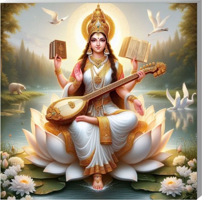 surmul 8 inch Maa Saraswati With Books & Swan Wall Sunboard Poster For Home, House 8x8 Inches Self Adhesive Sticker(Pack of 1)