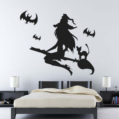 Xskin 46 cm Flying Witch on Broomstick with Cat and Bats Self Adhesive Sticker(Pack of 1)