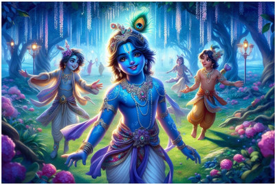 voorkoms 18 inch Krishna With Friends & Makkhan Wall Sticker For Home Décor, 18x12 Inches Self Adhesive Sticker(Pack of 1)