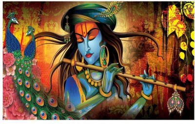 Asmi Collections 90 cm Lord Krishna Playing Flute in Jungle with Peacocks Self Adhesive Sticker(Pack of 1)