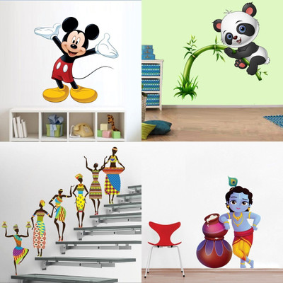 GharKraft 25 cm Set of 4 Multicolor Wall Sticker Cute Mickey Mouse Removable Sticker(Pack of 4)