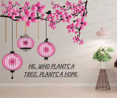 Divine Printry 70 cm Size, Tree With Flowers and Hanging Lantern Design Wall Self Adhesive Sticker(Pack of 1)