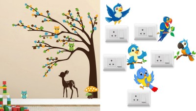 Merical 14 cm brown tree cute animals Twitter bird Switch Board Sticker Self Adhesive Sticker(Pack of 6)