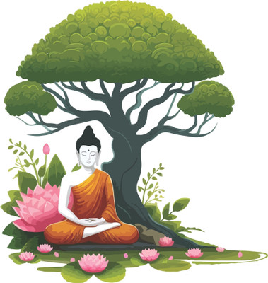 CreativeEdge 61 cm Gautam Buddha sitting under bodhi tree with lotus flower Self Adhesive Sticker(Pack of 1)