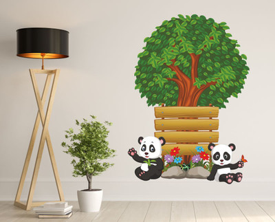 Dilight Art 60 cm Size, Tree-Leaf-Flower-Pandas Design Wall Sticker Self Adhesive Sticker(Pack of 1)