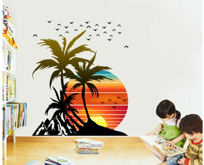 DivineDesigns 56 cm Coconu Tree Sun Self Adhesive Sticker(Pack of 1)
