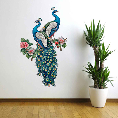 DECONEST 26 inch Two beautiful peacock wall sticker for decorate your home Self Adhesive Sticker(Pack of 1)