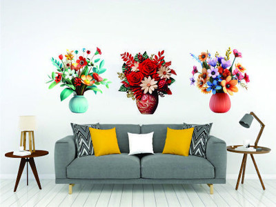 DKdecor 28 cm 3 Pieces 3D Beautiful Decal Flower Pot Design wall sticker Self Adhesive Sticker(Pack of 1)