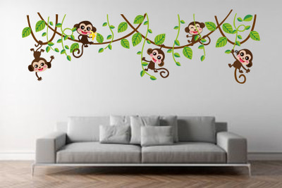 stickermart 105 cm Five Monkeys hanging on Tree branch wall sticker Self Adhesive Sticker(Pack of 1)