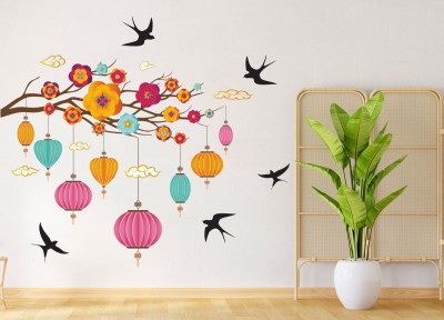 Dilight Art 70 cm Size,Tree-Flower-Hanging Lamp-Birds Design For Home Decoration Wall sticker Self Adhesive Sticker(Pack of 1)